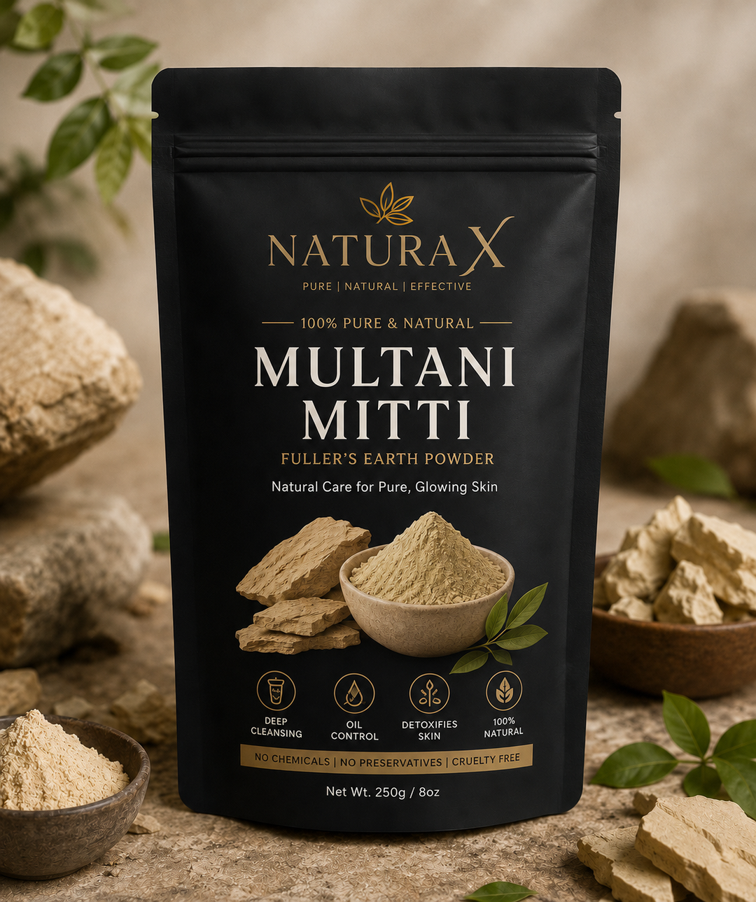 Natura X Premium Multani Mitti Powder – 250g | 100% Pure Fuller’s Earth for Skin & Hair Care