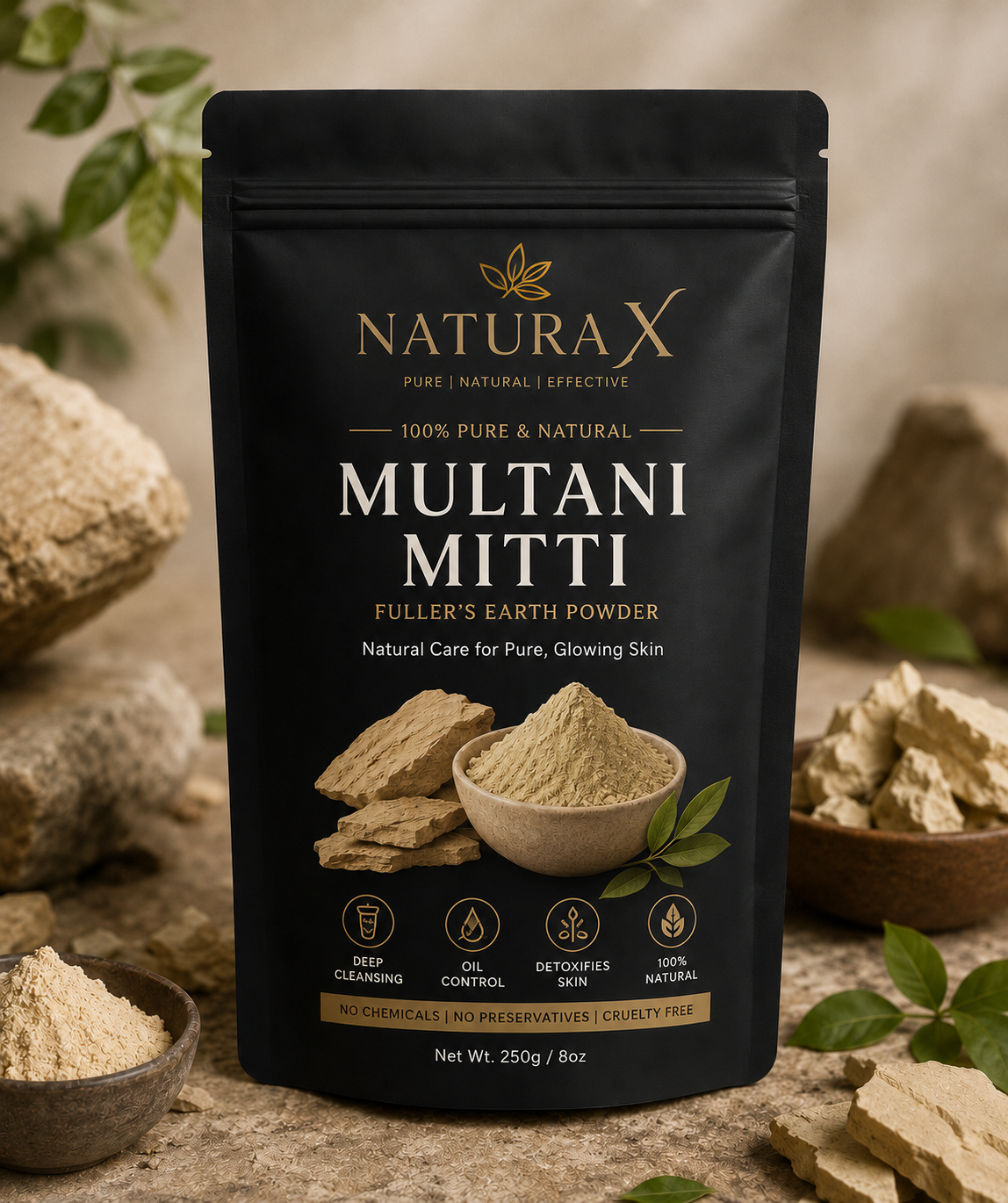 Natura X Premium Multani Mitti Powder – 250g | 100% Pure Fuller’s Earth for Skin & Hair Care