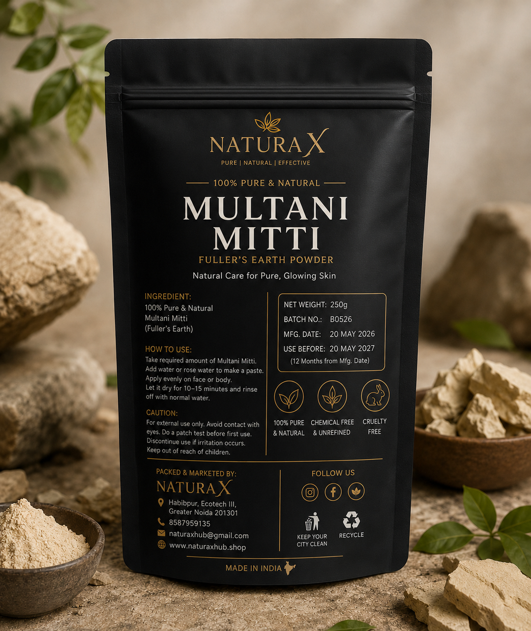 Natura X Premium Multani Mitti Powder – 250g | 100% Pure Fuller’s Earth for Skin & Hair Care