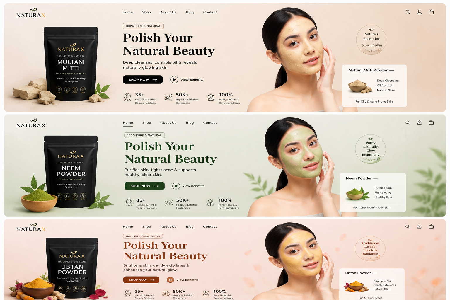 Natura skincare products with models applying face masks on a beige background