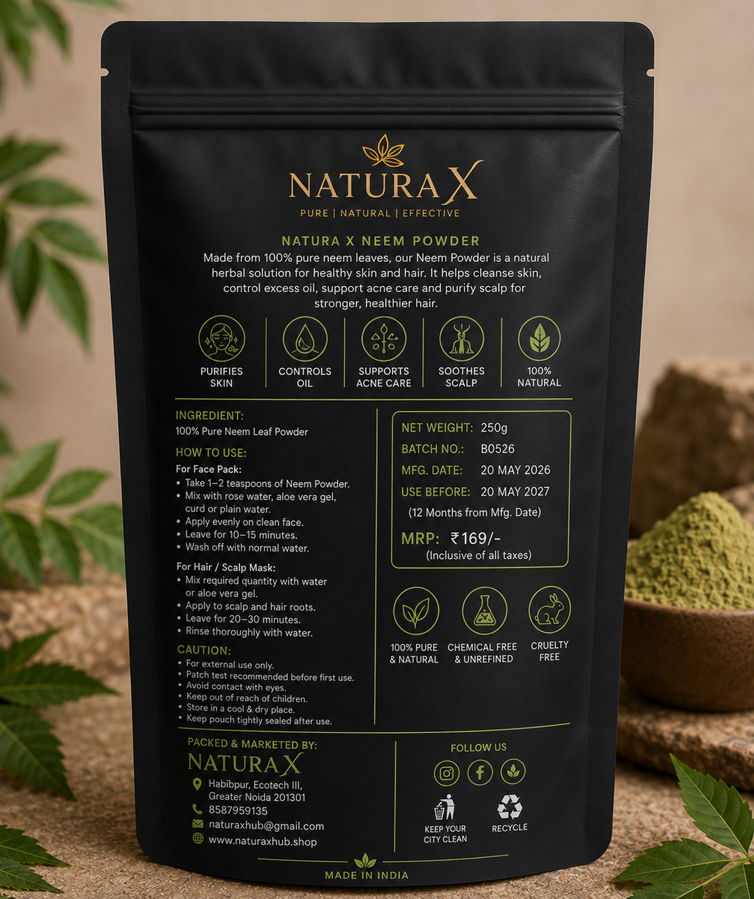 Natura X Premium Neem Powder – 250g | 100% Pure Natural Neem Leaf Powder for Skin, Hair & Scalp Care