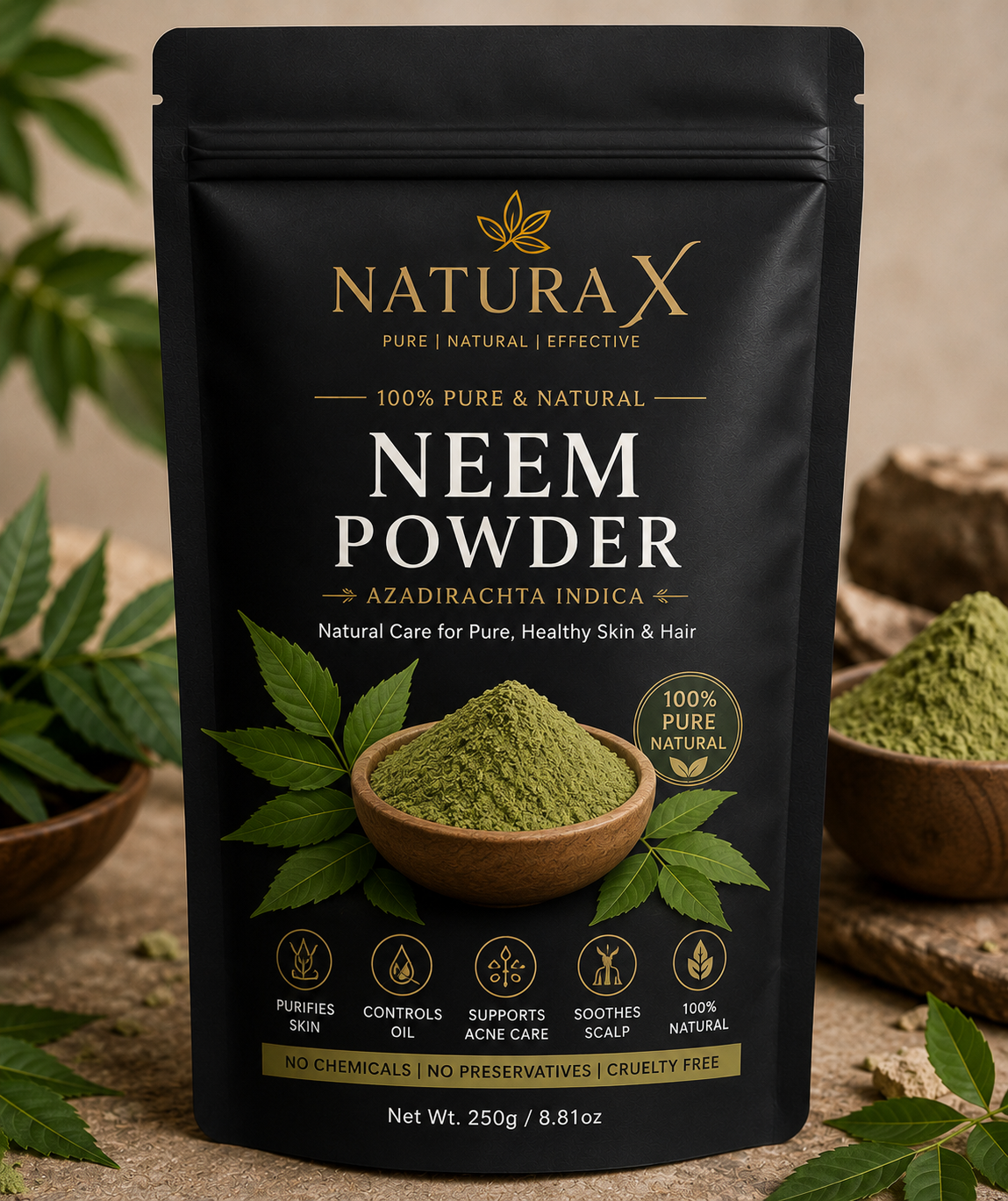 Natura X Premium Neem Powder – 250g | 100% Pure Natural Neem Leaf Powder for Skin, Hair & Scalp Care