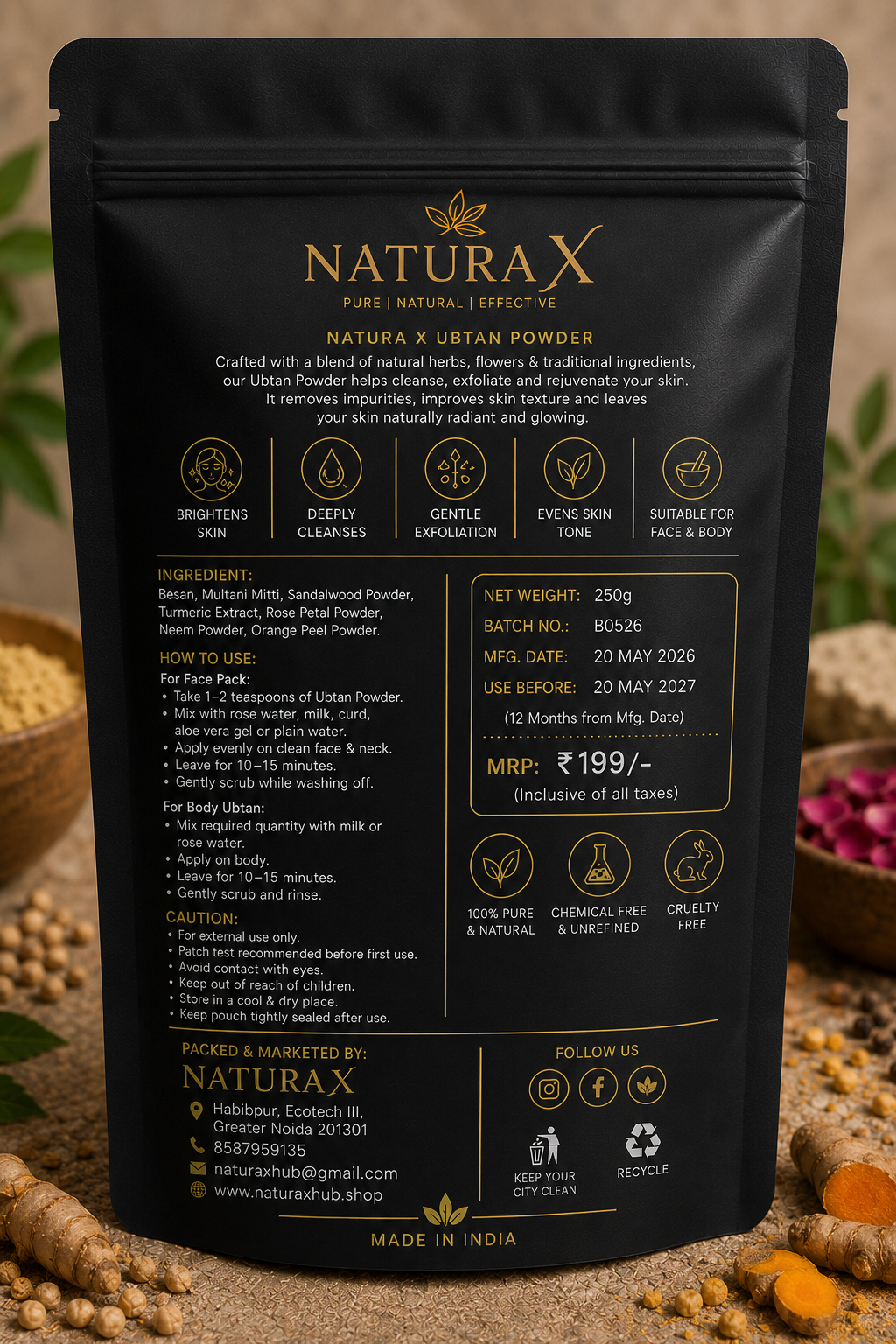 Natura X Premium Ubtan Powder – 250g | Natural Herbal Face & Body Care Powder for Glowing Skin
