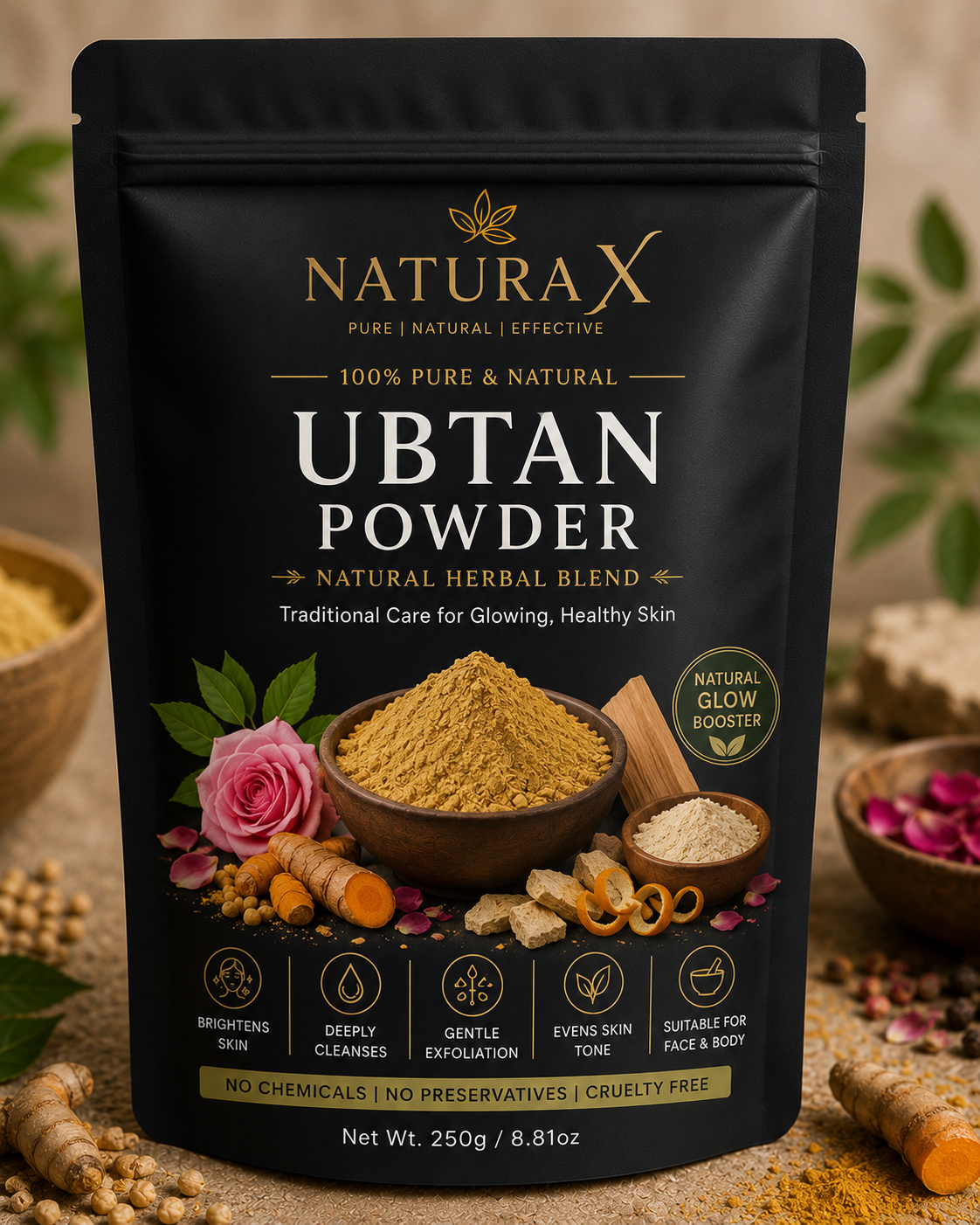 Natura X Premium Ubtan Powder – 250g | Natural Herbal Face & Body Care Powder for Glowing Skin